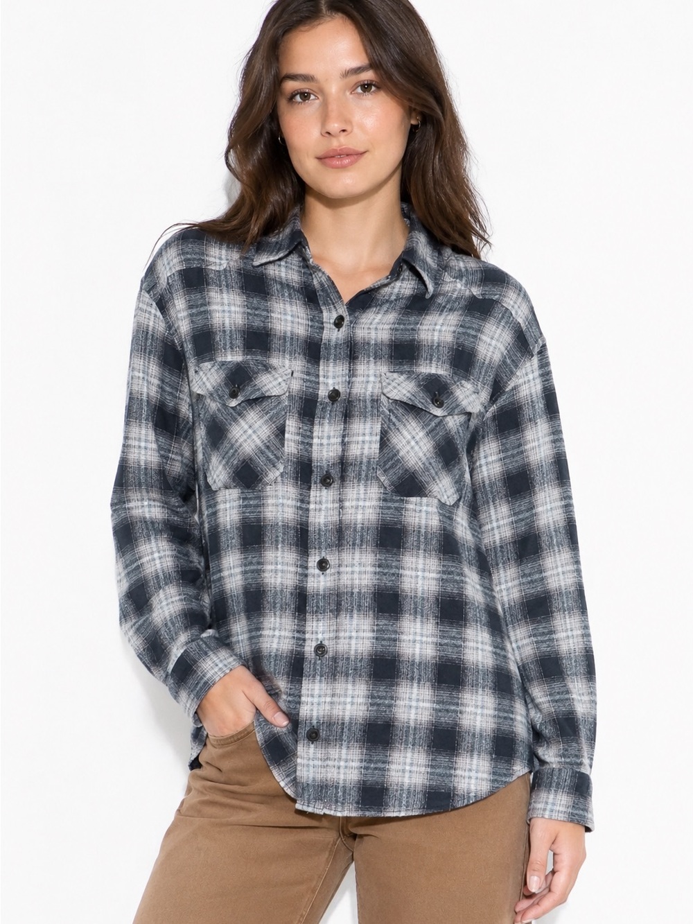 Wild Fable Women's Oversized Flannel Shirt Black Plaid Size S